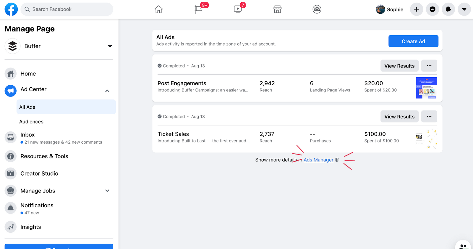 Facebook ads page results