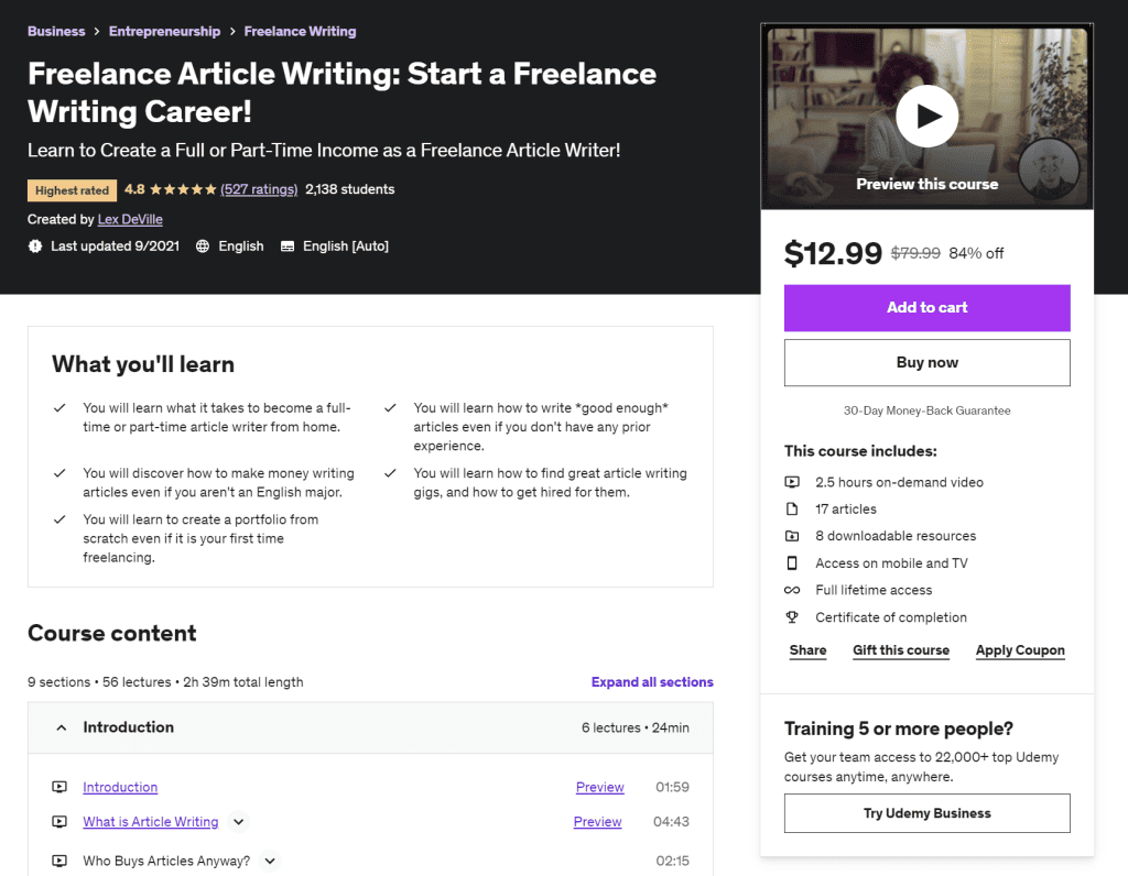 freelance writing course on Udemy