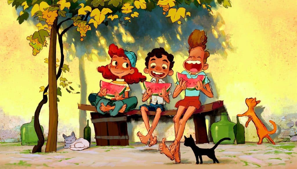 3 characters eating watermelon and 3 cats with white, black, and orange color