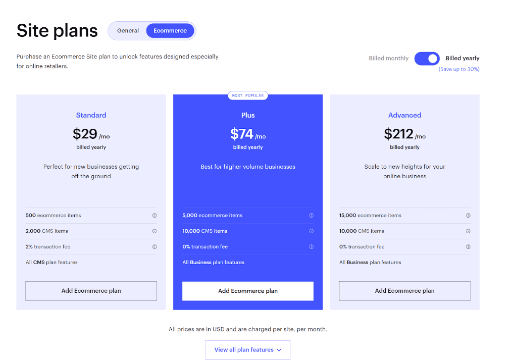 Webflow ecommerce plans