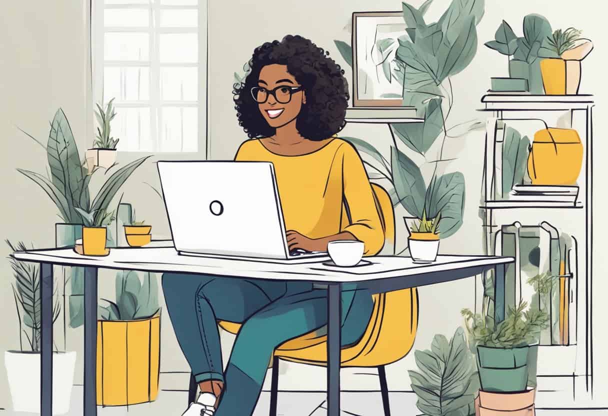 how to use Pinterest for blogging: an AI lady with her laptop