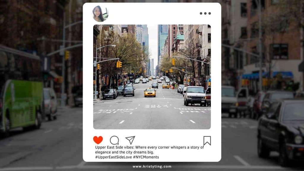 New York Instagram Captions - Street view of New York's Upper East Side with trees lining the road and taxis on the street.
