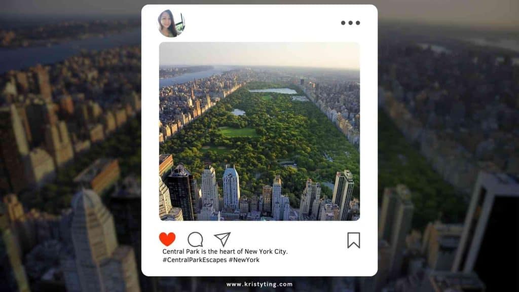 New York Instagram Captions - Aerial view of Central Park in New York City surrounded by tall buildings.