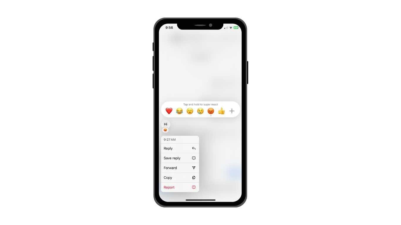 A smartphone showing a chat message with emoji reactions and reply options.