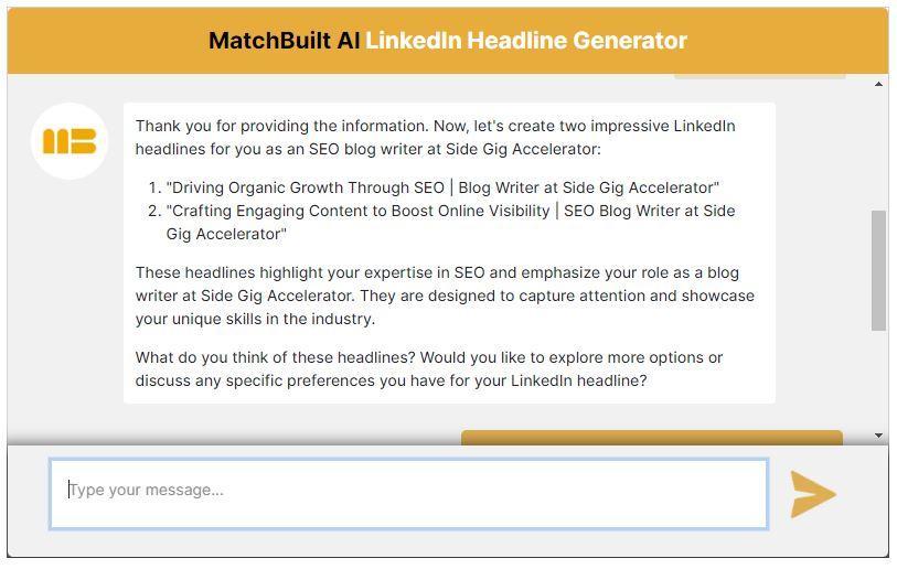 Screenshot of MatchBuilt AI LinkedIn Headline Generator with suggested headlines for an SEO blog writer.