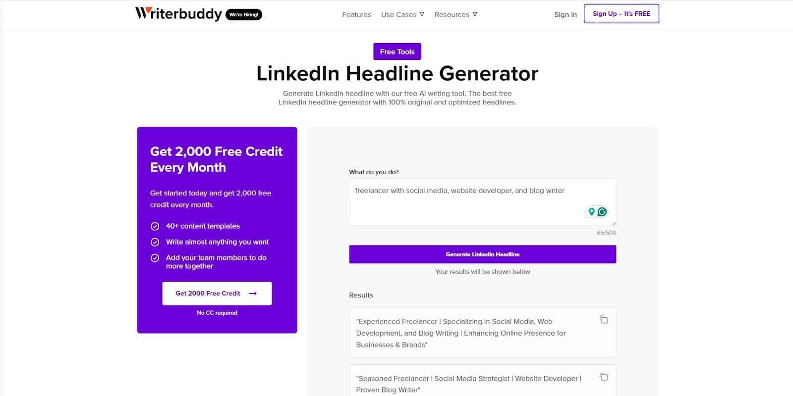 Interface of a LinkedIn Headline Generator by Writerbuddy with fields for inputting job roles and producing optimized headlines.