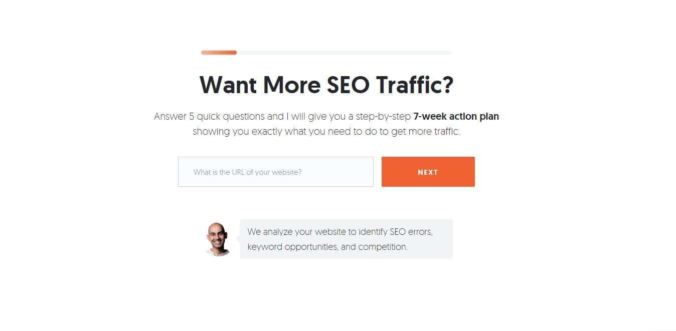 Image of an SEO consultation page with a step-by-step plan offer and a next button of Neil Patel