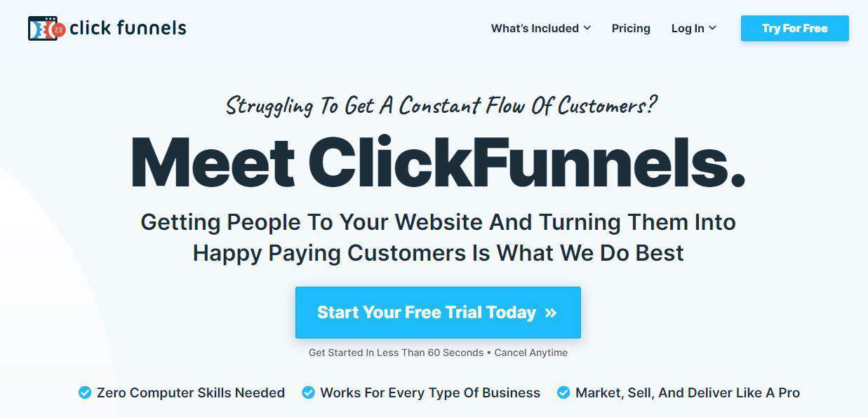 Image of a ClickFunnels landing page with a headline about converting visitors into customers and a start-free-trial button.