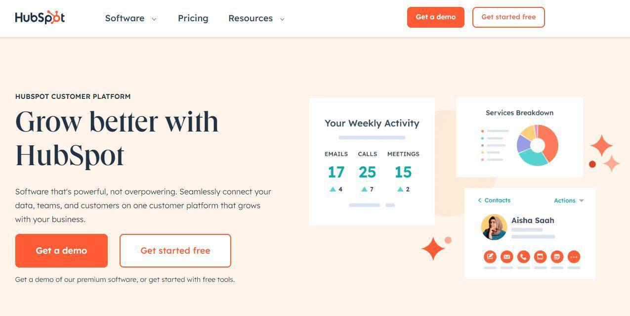 Image of the HubSpot website promoting their software with a get-started-free offer and a demonstration of their services.