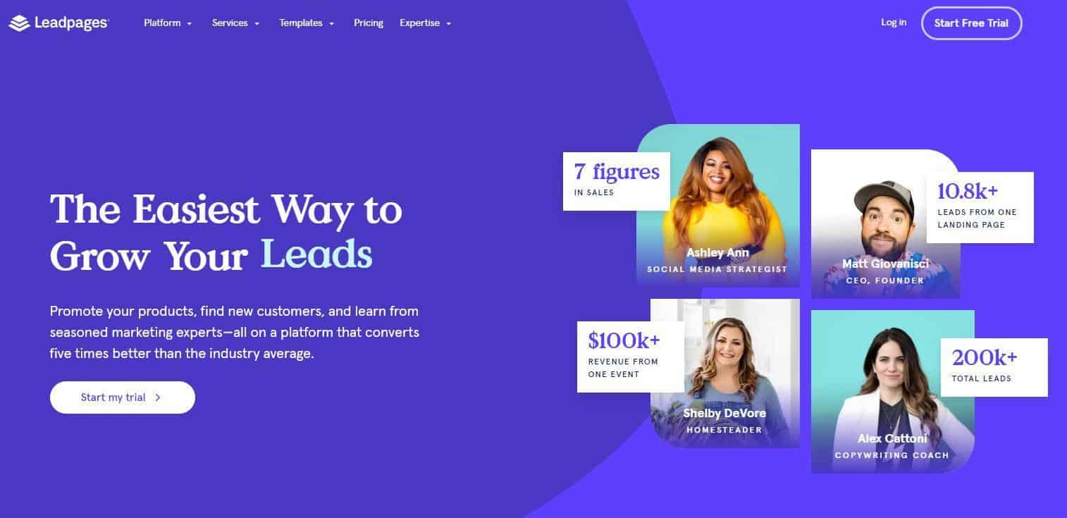 Image of the Leadpages home page highlighting the benefits of their platform with a start-free-trial button.