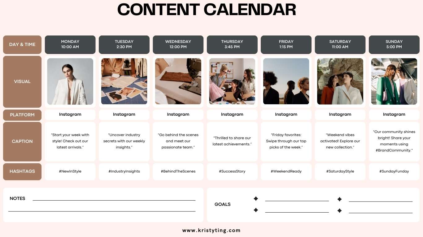 The Best Times To Post On Social Media - A sample weekly content plan for Instagram posts with scheduled times, photos, and captions.