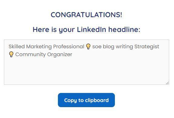 LinkedIn Headline Generator - Web page showing three LinkedIn headline suggestions for SEO and content marketing specialists.