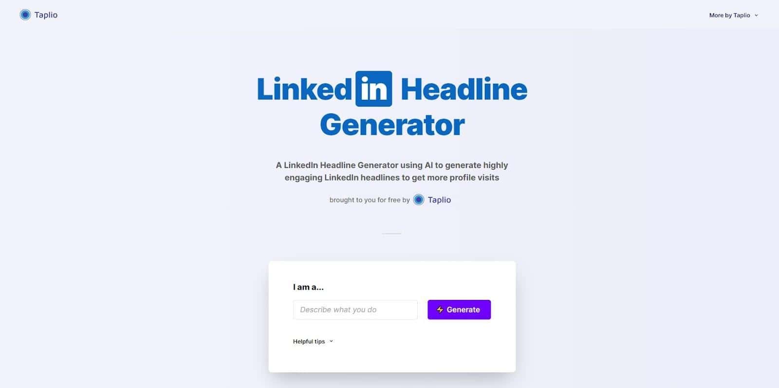 Web page of LinkedIn Headline Generator by Taplio, offering AI assistance for creating engaging LinkedIn headlines.