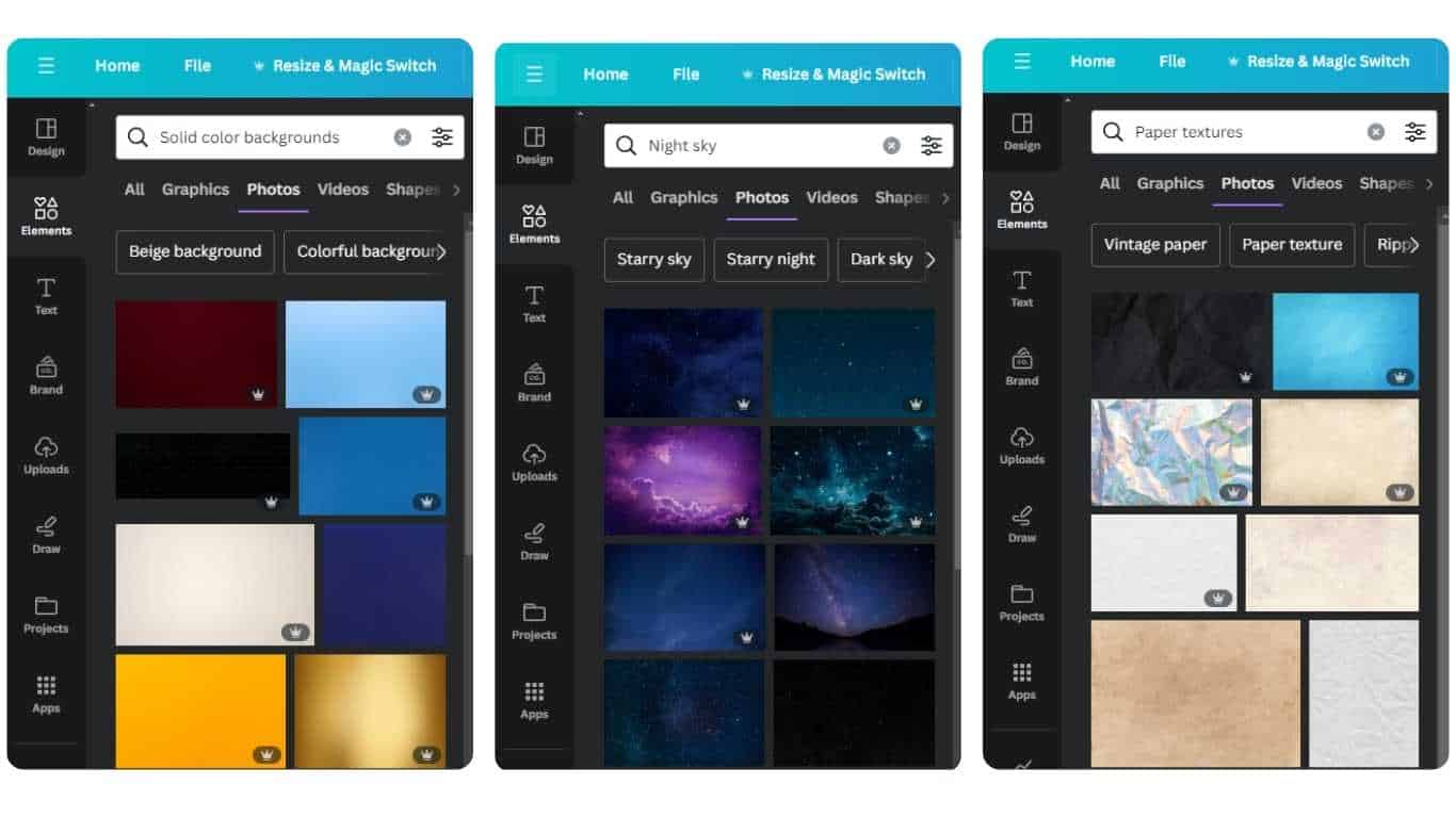 Canva displaying different backgrounds in solid colors, night skies, and paper textures.
