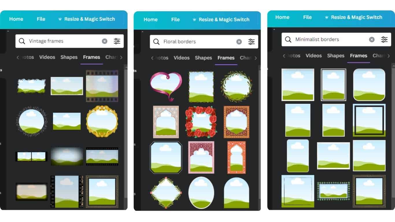 Canva displaying different frames in various styles.