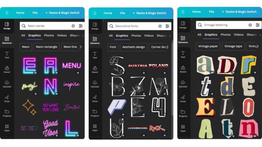 Canva displaying different font and graphic design options for neon words, decorative fonts, and vintage lettering.