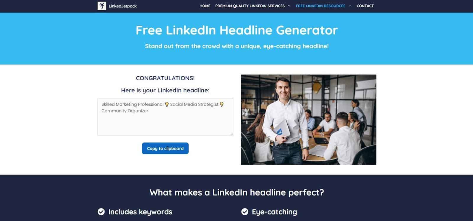 Snapshot of LinkedJetpack's LinkedIn Headline Generator page displaying a generated headline for a marketing professional.