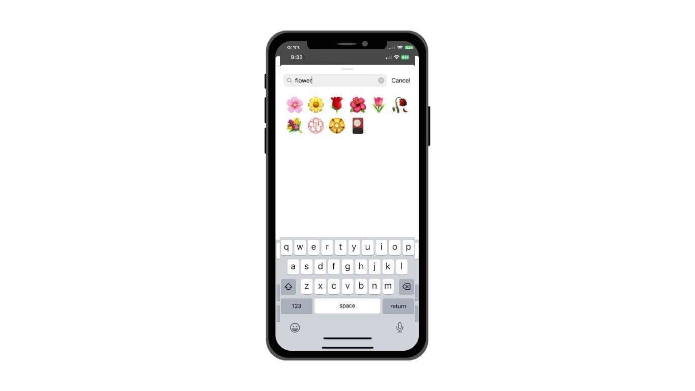 A smartphone search for flower emojis showing various flower icons.