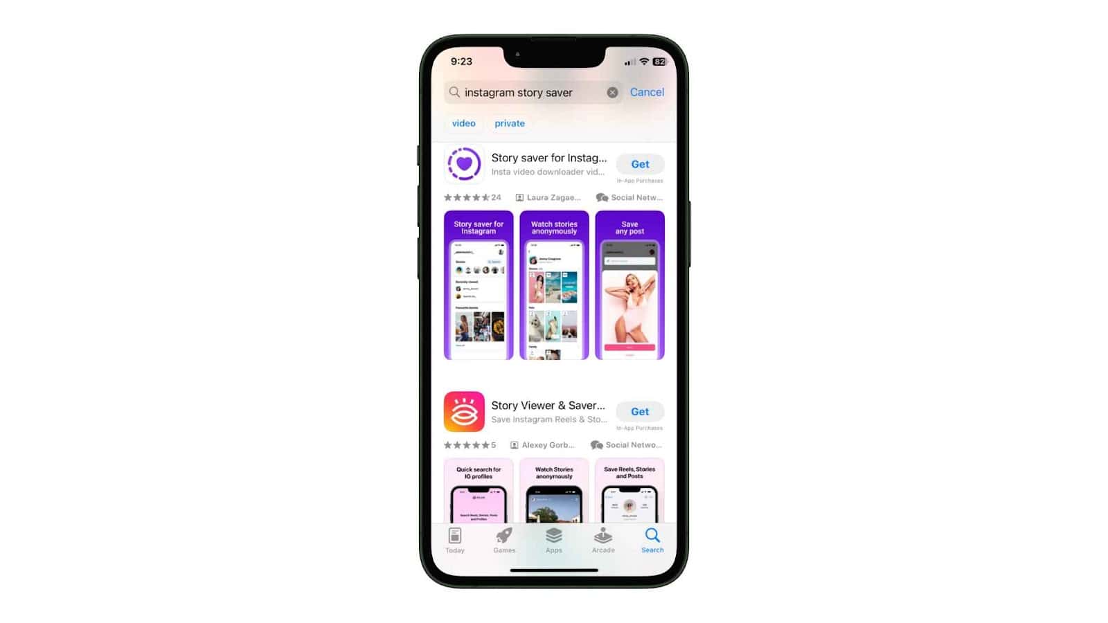 A smartphone displaying a search for Instagram story saver apps in an app store.
