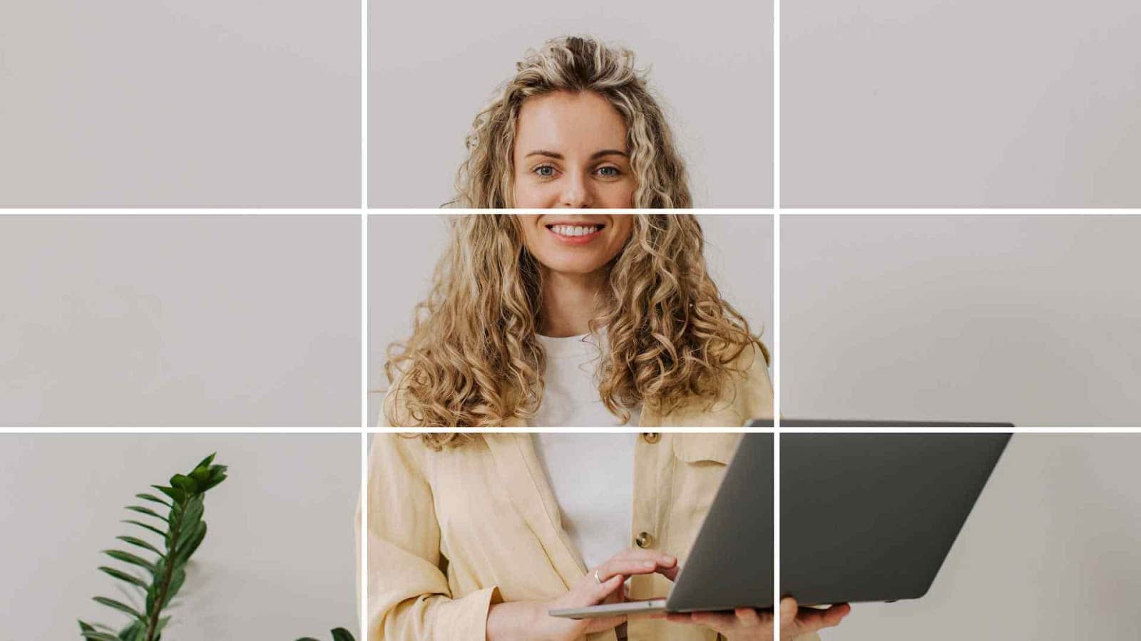 A split image of a smiling woman with curly hair, holding a laptop, divided by horizontal lines.