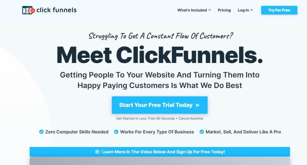 Clickfunnels Vs Kajabi: Clickfunnels Homepage