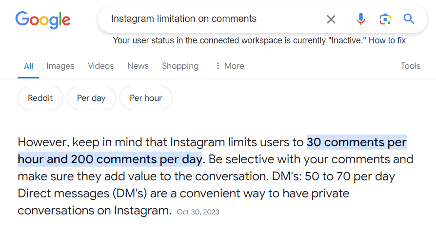 Google search of the Instagram limitation on comments