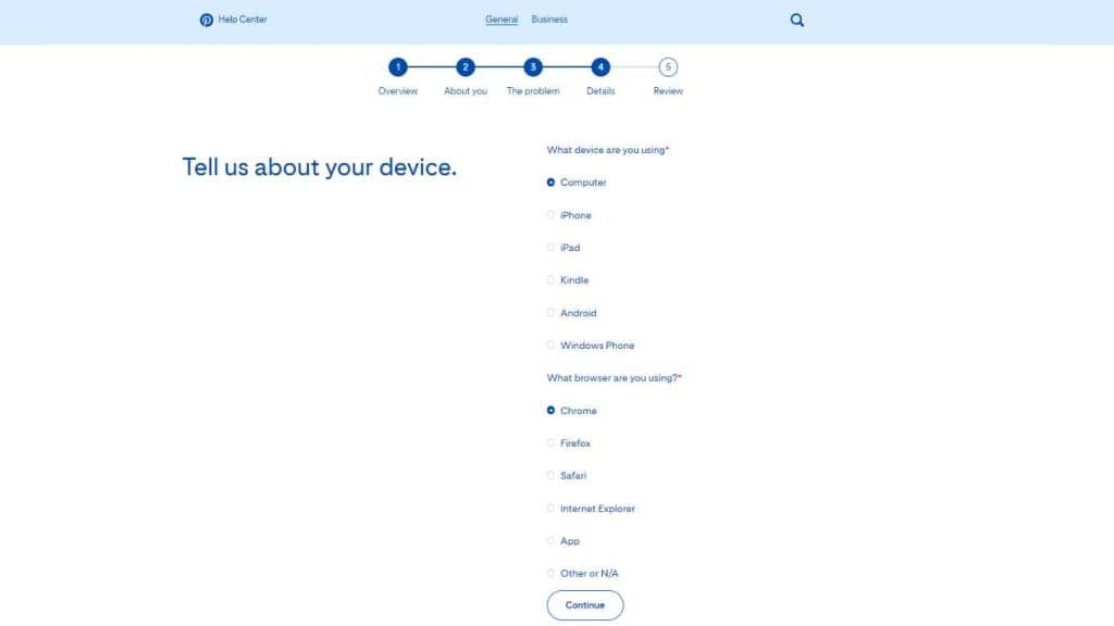 Pinterest help center: asking the question "Tell us about your device"