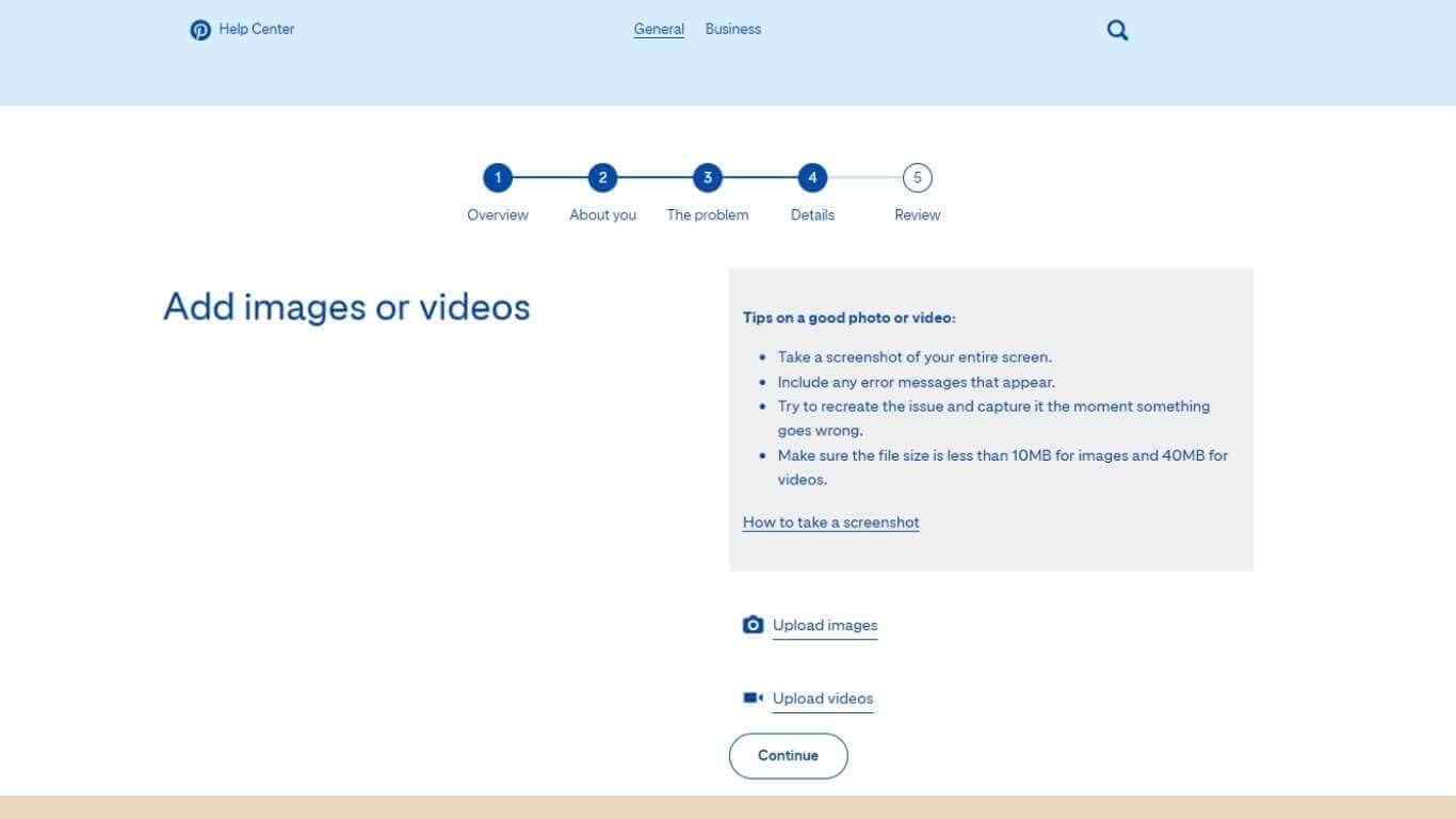Pinterest help center: asking to "Add images or videos"