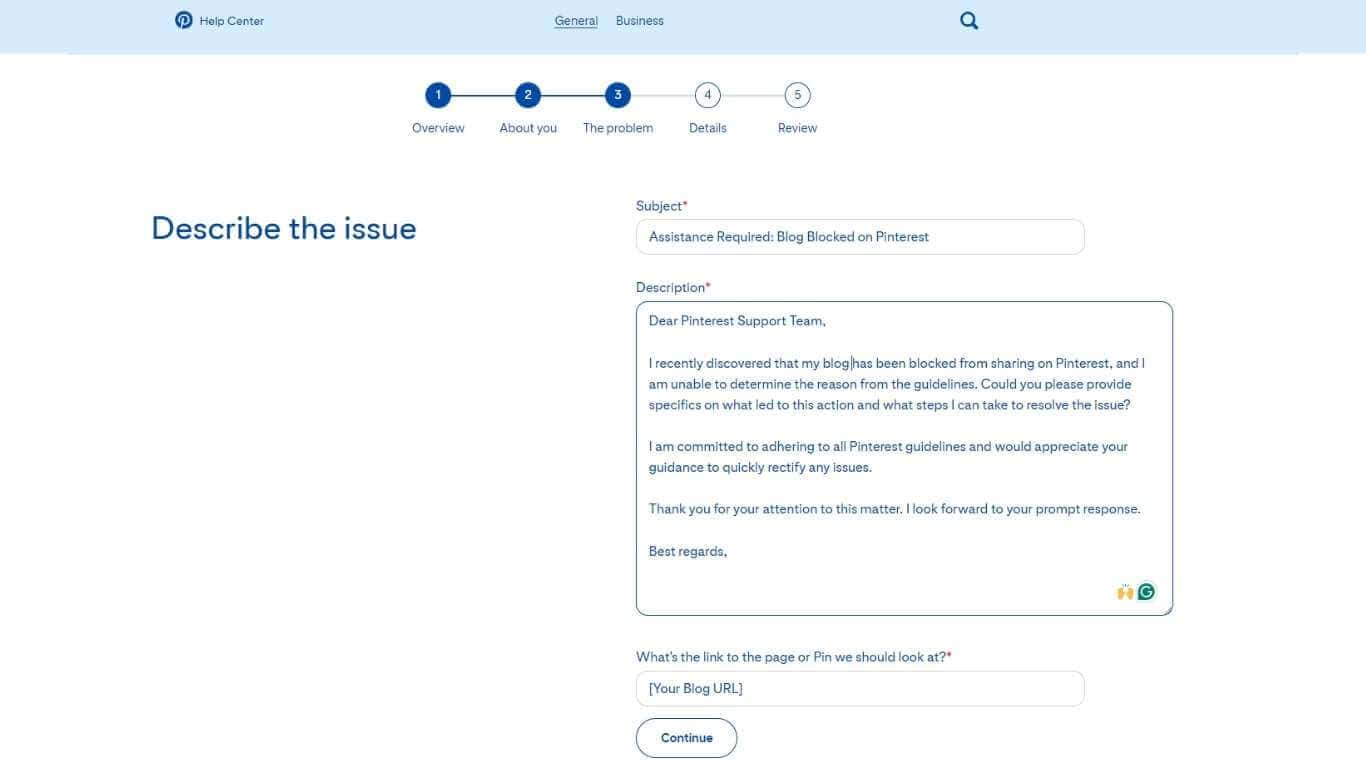 Pinterest help center: asking the question "Describe the issue"