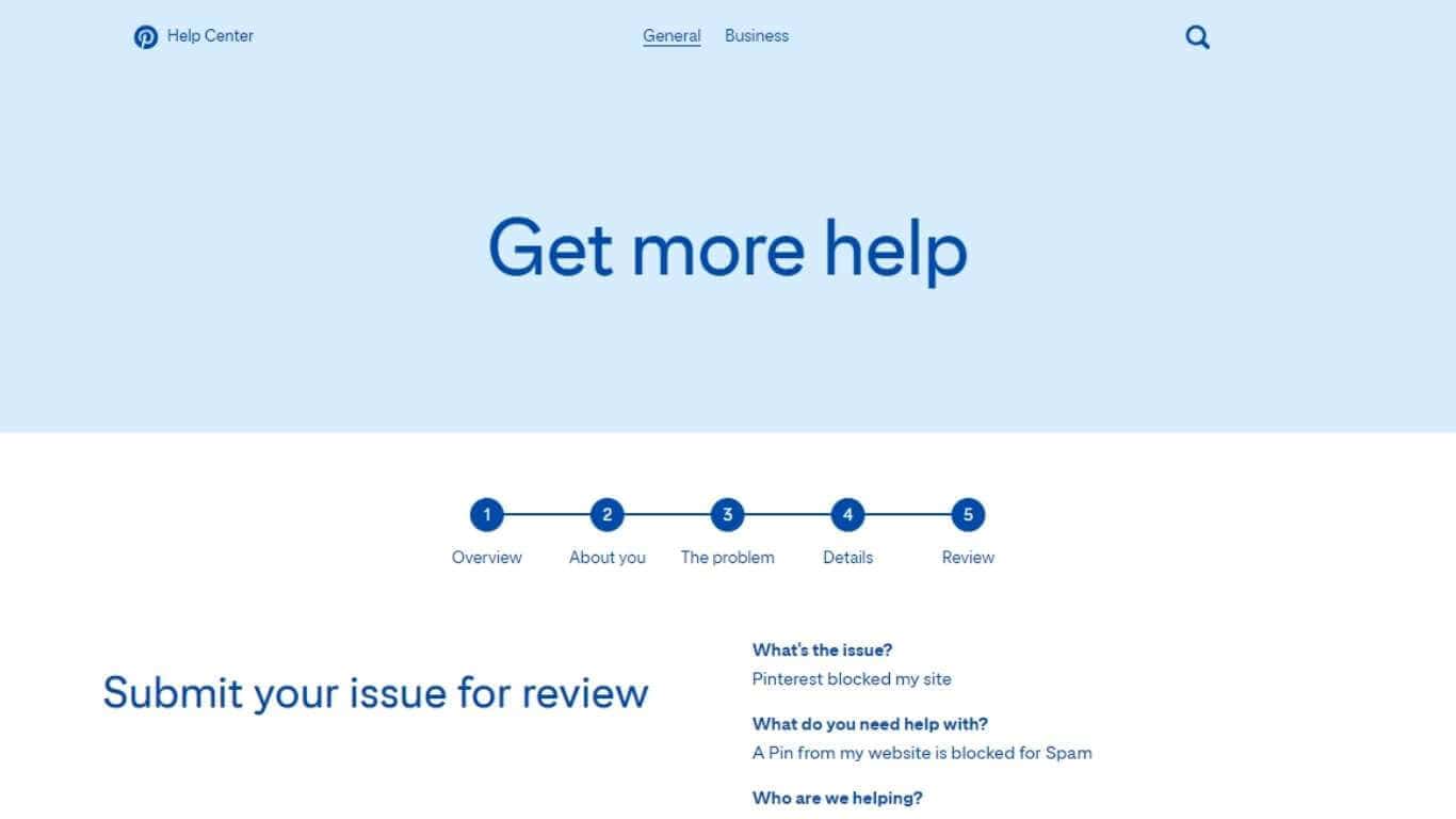 Pinterest help center: Ready to submit the issue for review