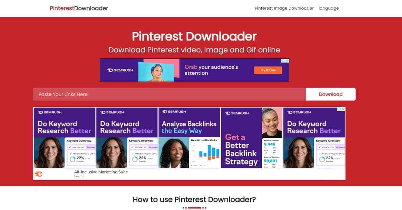 Pinterest Downloader website dashboard