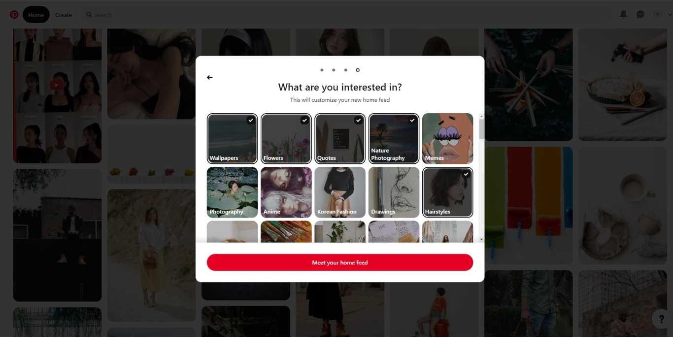 Pinterest asking: what are you interested in?