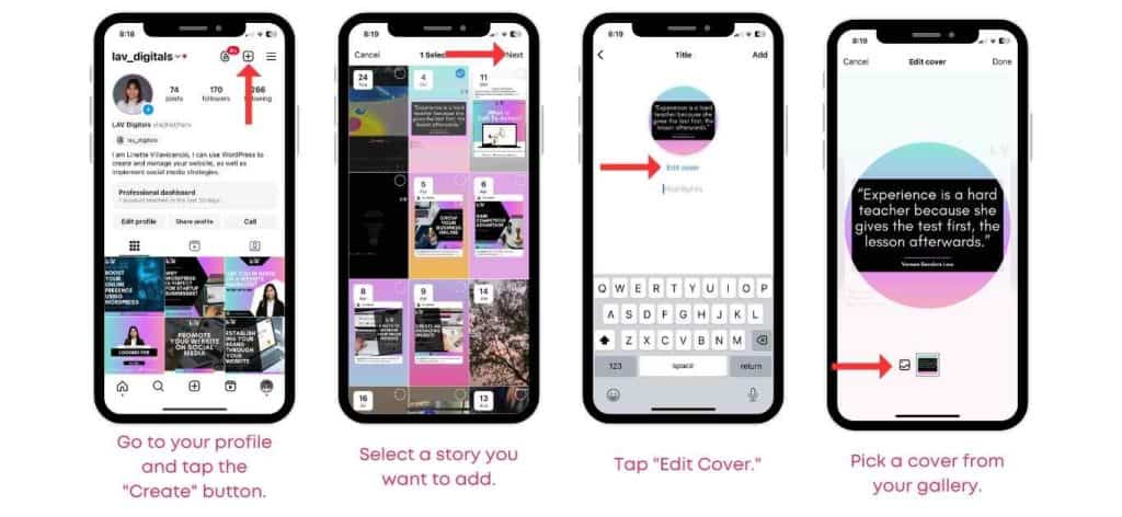 Steps how to add IG highlight and change the cover photo