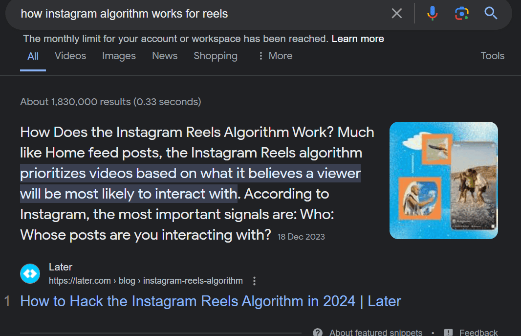 Google search on how the Instagram algorithm works for reels