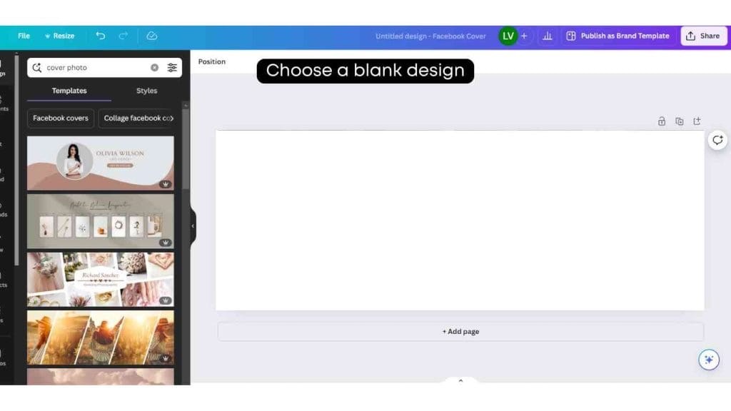 Choose Blank Design in Canva for Facebook Profile Cover