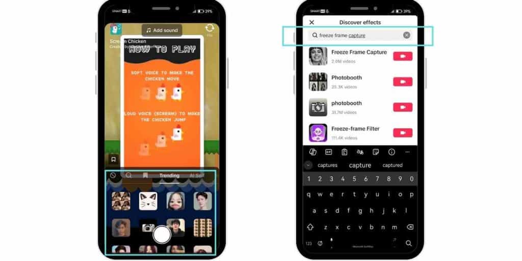Showing where to search the freeze frame effect on TikTok