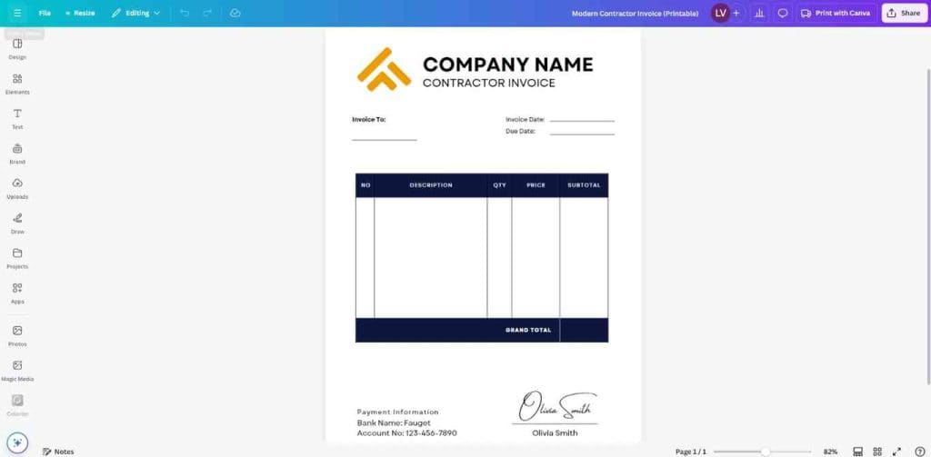 Freelance Invoice Template: Canva invoice template