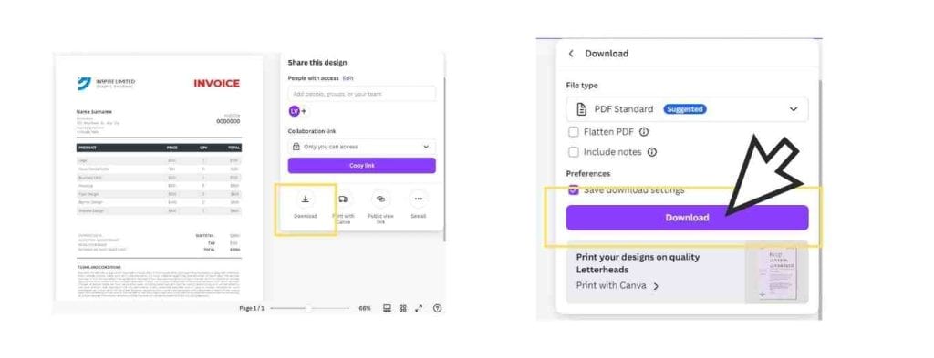 Download the invoice template on Canva