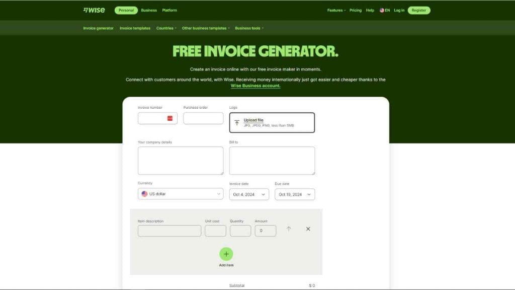 Wise free invoice template generator