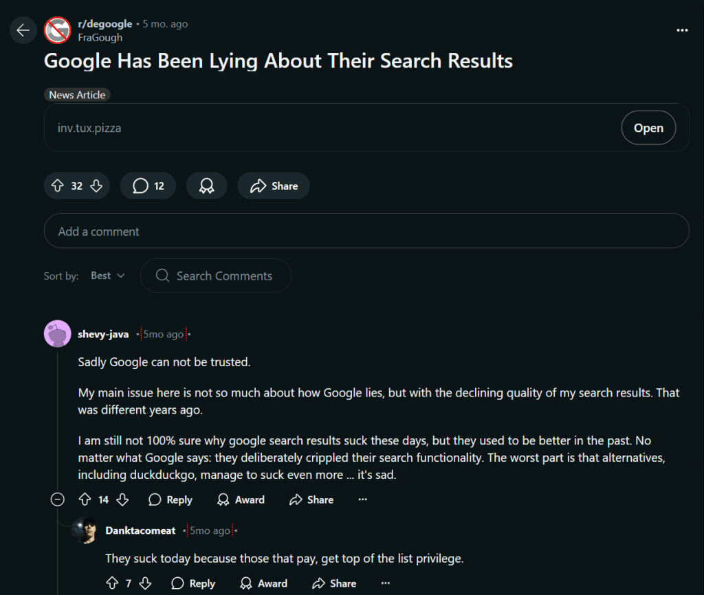  Screenshot of a Reddit post titled "Google Has Been Lying About Their Search Results," with users discussing concerns about Google’s search quality and reliability.