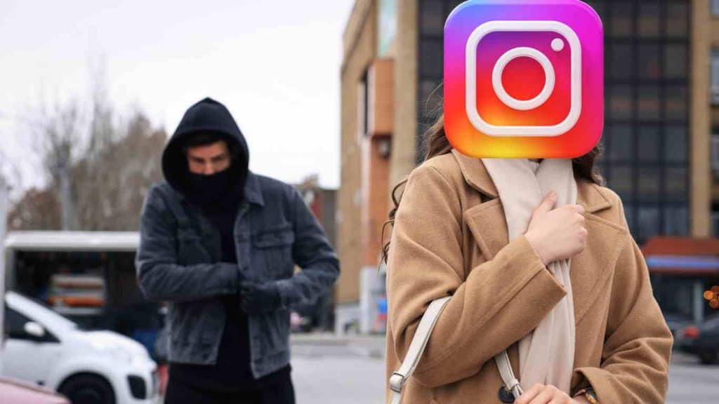 how to see who stalks your Instagram: A hooded person lurking behind a woman with an Instagram logo over her face, representing the concept of social media stalking.