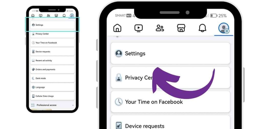 Facebook settings screen with "Settings" highlighted, guiding users to access account options.