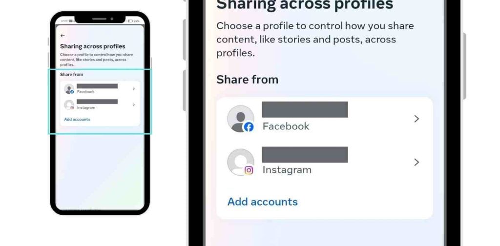 Sharing across profiles menu in Meta Accounts Center, showing Facebook and Instagram account connection options.