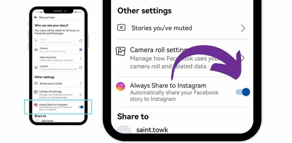 Facebook Story Privacy settings showing the "Always Share to Instagram" toggle option highlighted.