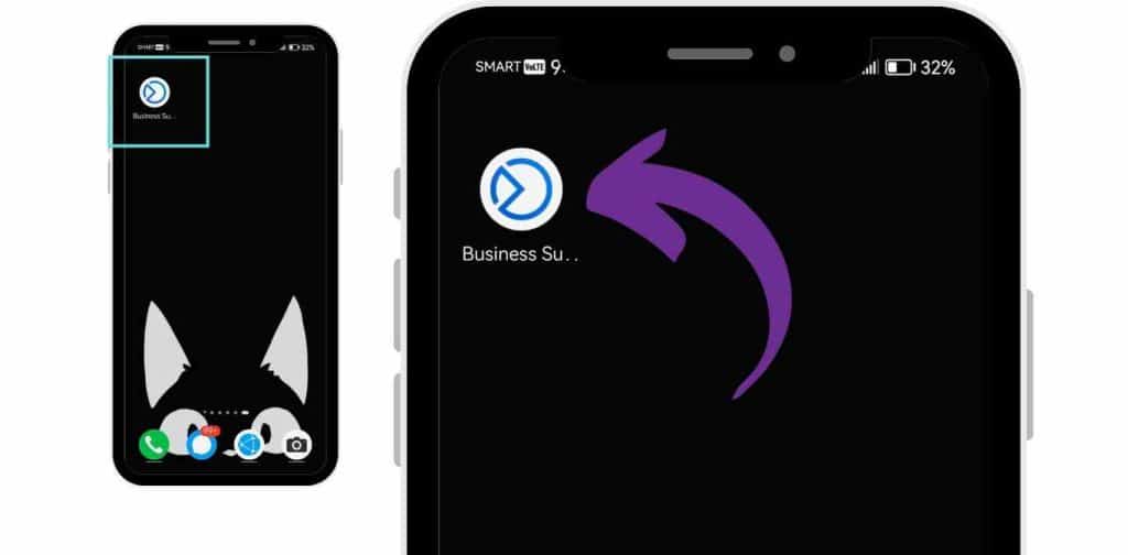 Business Suite app icon on a mobile home screen with an arrow pointing to it.