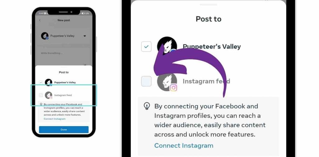 "Post to" screen showing options to share content to both Facebook and Instagram feeds.