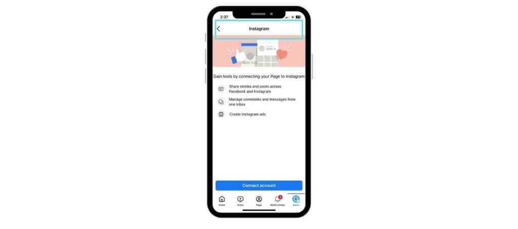 Mobile view to connect IG on the facebook page