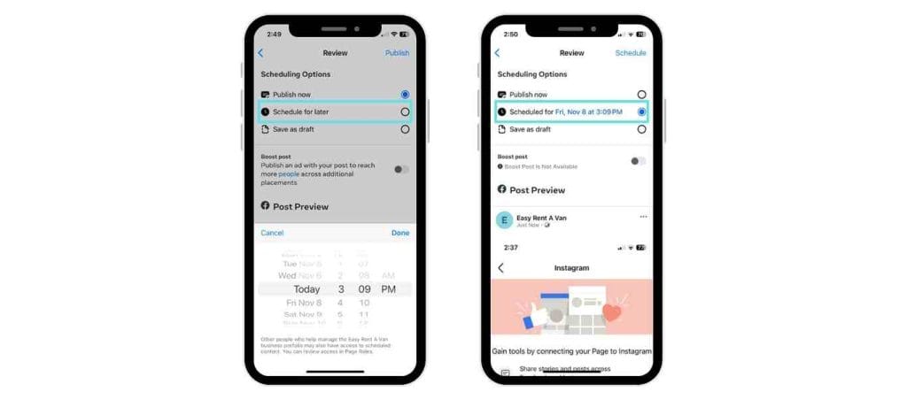 Mobile view to schedule the post on Meta Business Suite