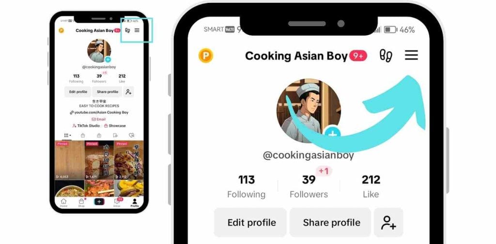 how to hide followers on tiktok: TikTok user profile with an arrow pointing to the three-line menu icon in the top-right corner.