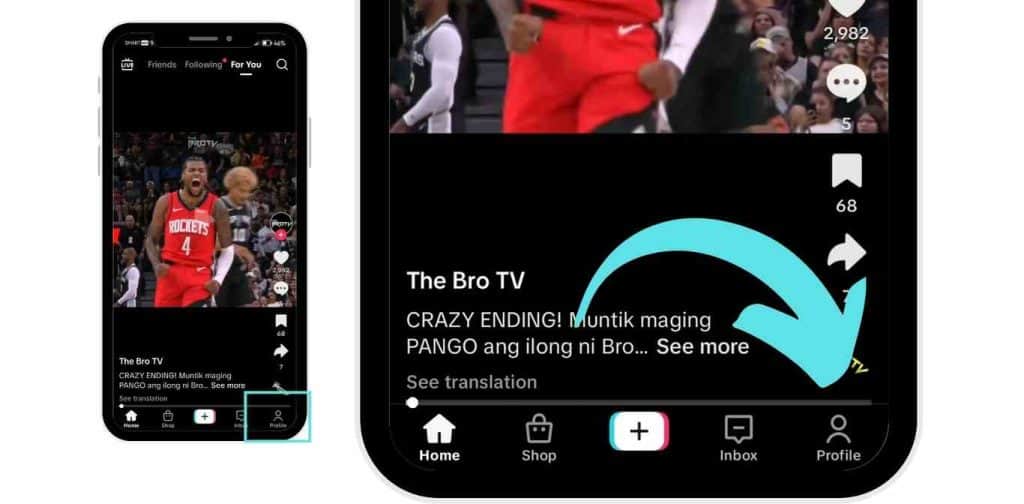 how to hide followers on tiktok: TikTok video screen on mobile, with an arrow pointing to the profile button in the navigation bar.